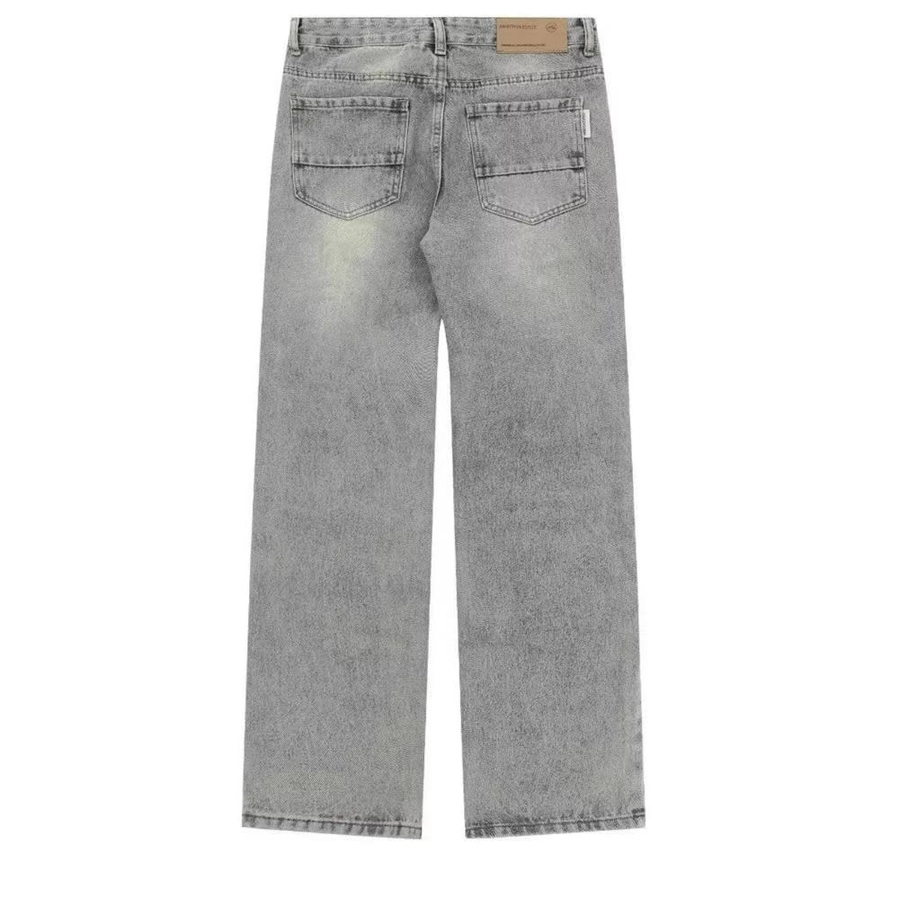 Men's Vintage Ripped Loose Straight Leg Denim Pants Professional Stretch Jean